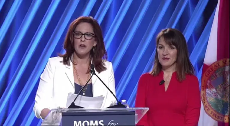 Moms for Liberty co-founders Tiffany Justice (left) and Tina Descovich (right) speak at the first annual Moms for Liberty National Summit in Tampa, Florida. July 14, 2022