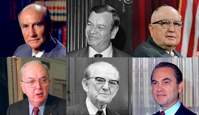 The following politicians are shown (from clockwise direction): former Sens. Strom Thurmond, Herman Talmadge, James O. Eastland, Jesse Helms, John Stennis, and former Gov. George Wallace.