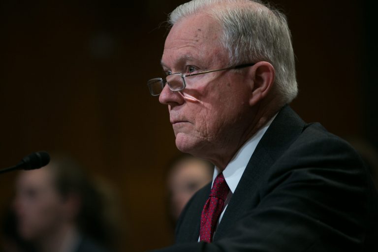 Attorney General Jeff Sessions arrives on Capitol Hill, Wednesday, April 25, 2018, to testify before the Senate Appropriations Committee.