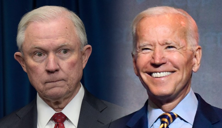 Joe Biden (right) and Jeff Sessions (left) are seen.