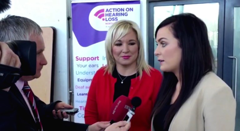 Ãrfhlaith Begley (pictured right), who recently won an election in Northern Ireland, is interviewed by media.
