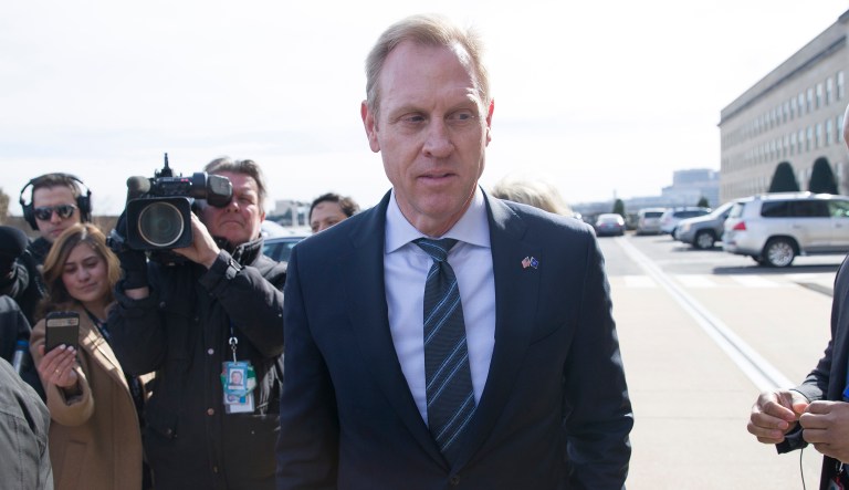 Acting Defense Secretary Patrick Shanahan departs after speaking with the media as he waits for the arrival of NATO Secretary General Jens Stoltenberg at the Pentagon, Monday, Jan. 28, 2019, in Washington.