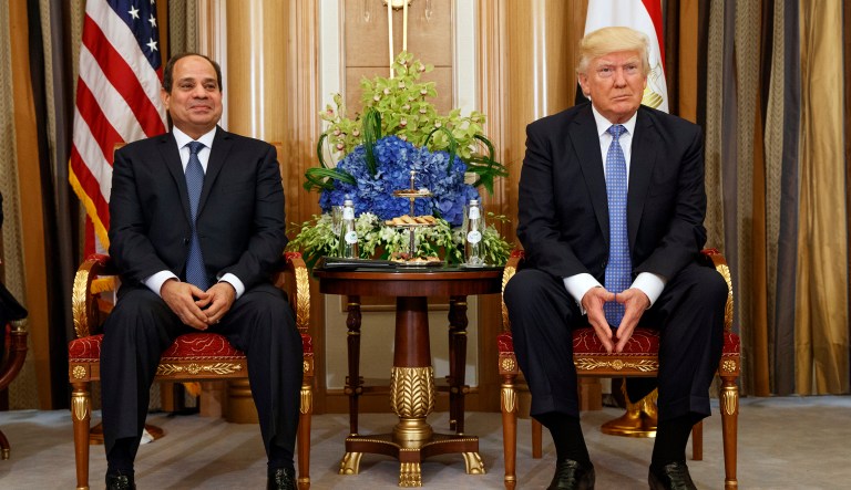 FILE - In this May 21, 2017 file photo, U.S. President Donald Trump, right, holds a bilateral meeting with Egyptian President Abdel Fattah al-Sisi in Riyadh. Washingtonâs surprise decision on Tuesday, Aug. 22, 2017, to cut or delay nearly $300 million in aid to Egypt is the first time the Trump administration has publicly called out Cairo on its poor human rights record. It was also the latest twist in a decades-old relationship marked by dependence and disappointment on both sides.
