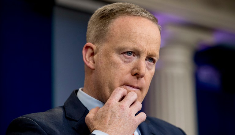 White House press secretary Sean Spicer pauses while talking to the media during the daily press briefing at the White House in Washington, Tuesday, April 11, 2017. Spicer discussed Syria, Trump's 2016 tax returns, the Easter Egg Roll and other topics.