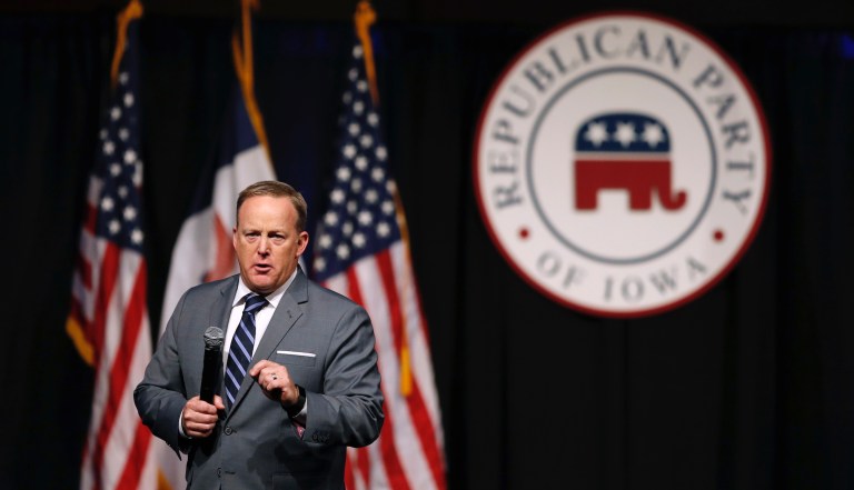 Former White House press secretary Sean Spicer speaks during the Republican Party of Iowa's annual Reagan Dinner, Wednesday, Nov. 8, 2017, in Des Moines, Iowa. 