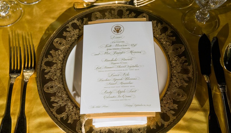 A table is set during a media preview for the State Dinner with President Donald Trump and Australian Prime Minister Scott Morrison in the Rose Garden of the White House, Thursday, Sept. 19, 2019, in Washington.