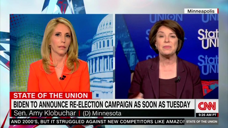 Sen. Amy Klobuchar appeared on CNN's State of the Union on Sunday and defended the president's record ahead of his Tuesday announcement. 