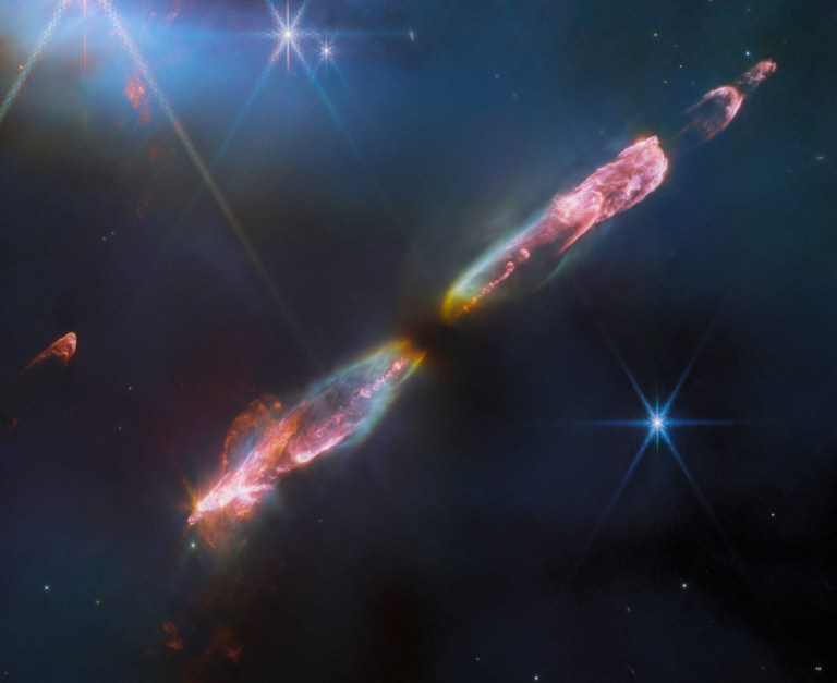 A near-infrared look at Herbig-Haro 211 from NASA's James Webb Space Telescope.