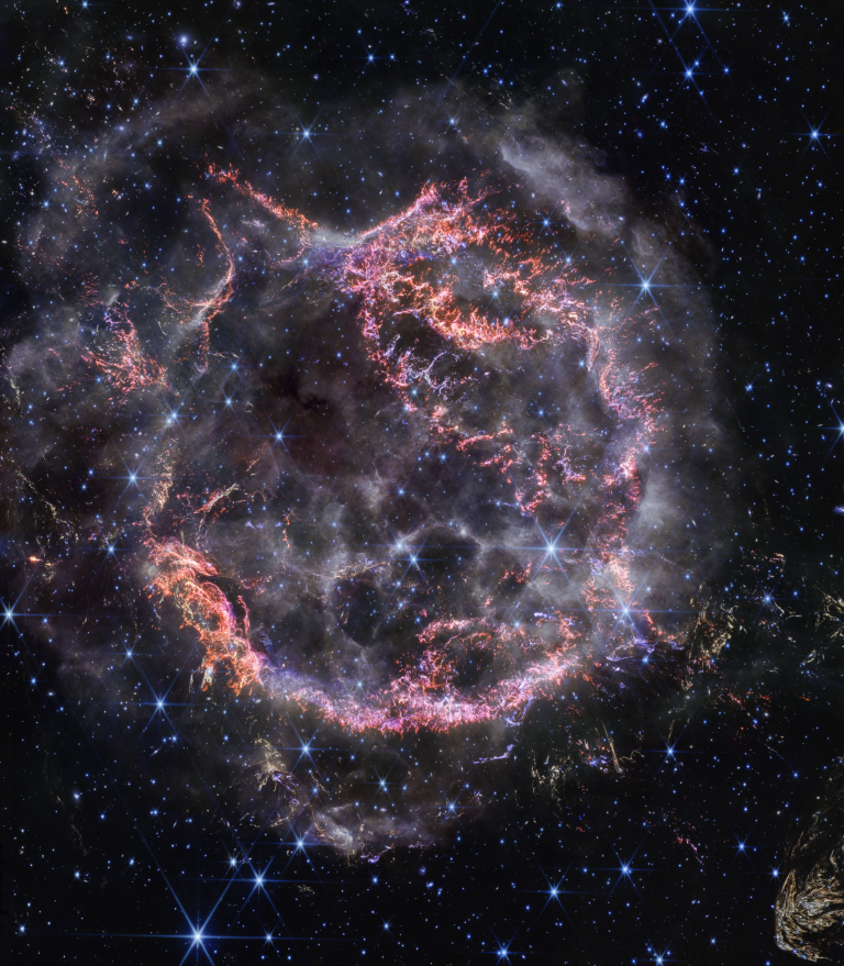 NASAâs James Webb Space Telescopeâs NIRCam (Near-Infrared Camera) unveils intricate details of supernova remnant Cassiopeia A (Cas A), and shows the expanding shell of material slamming into the gas shed by the star before it exploded. (NASA photo)
