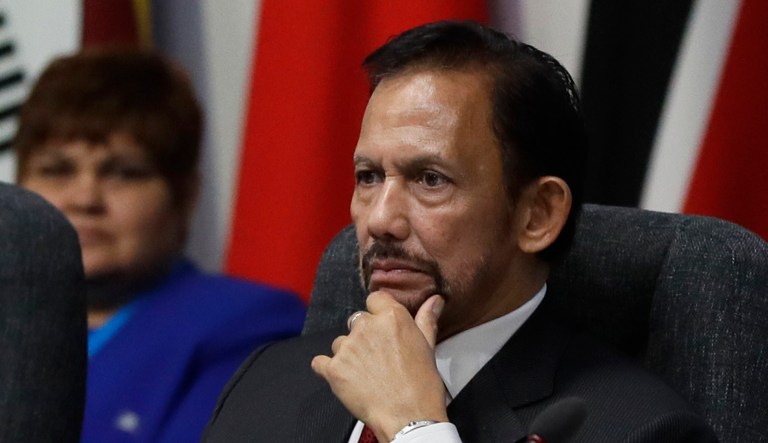 The Sultan of Brunei Hassanal Bolkiah listens during the first executive session of the CHOGM summit at Lancaster House in London, Thursday, April 19, 2018. 