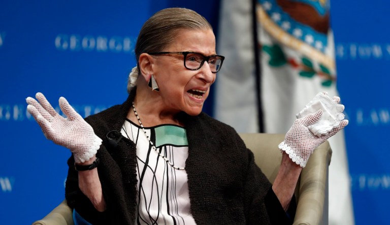 Supreme Court Justice Ruth Bader Ginsburg reacts to applause as she is introduced at the Georgetown University Law Center campus in Washington, Wednesday, Sept. 20, 2017.