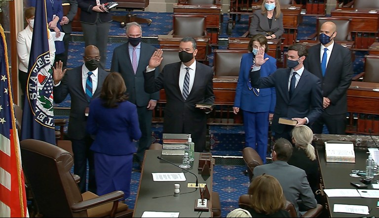 Harris swears in Ossoff, Warnock, and Padilla to Senate, formalizing full Democratic control of government