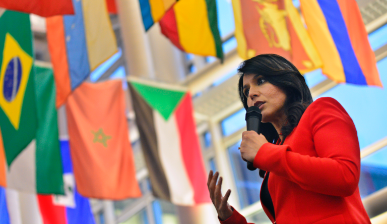 Democratic presidential candidate U.S. Rep. Tulsi Gabbard, D-Hawaii, holds a town hall, Thursday, Oct. 3, 2019 at Keene State College in Keene, N.H. (Kristopher Radder/The Brattleboro Reformer via AP)