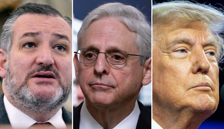 Sen. Ted Cruz (R-TX), left, Attorney General Merrick Garland, center, and former President Donald Trump.