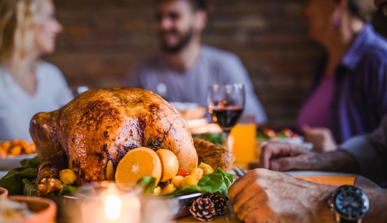 Close-up of stuffed roasted turkey during family's dinner at dining table.