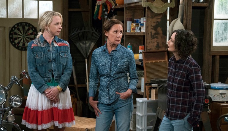 This image released by ABC shows Lecy Goranson, from left, Laurie Metcalf and Sara Gilbert in a scene from "The Connors," airing Tuesdays on ABC.
