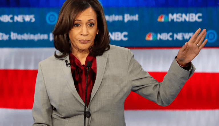 FILE - In this Nov. 20, 2019 file photo, Democratic presidential candidate Sen. Kamala Harris, D-Calif., speaks during a Democratic presidential primary debate in Atlanta. Harris, was once considered a front-runner in the crowded Democratic field, is expected to end her campaign for the Democratic presidential nomination, according to a campaign official. (AP Photo/John Bazemore)