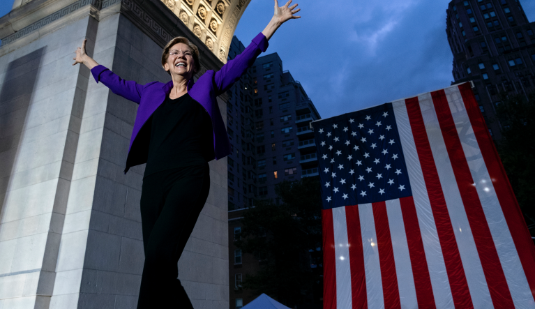 Democratic presidential candidate U.S. Sen. Elizabeth Warren takes the stage before addressing supporters at a rally, Monday, Sept. 16, 2019, in New York. (AP Photo/Craig Ruttle)