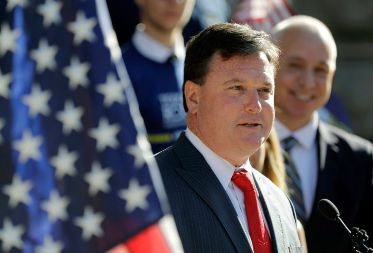 FILE- In this Aug. 9, 2017, file photo, Rep. Todd Rokita, R-Ind., speaks during a news conference outside of the Indiana Statehouse in Indianapolis. Rep. Luke Messer is running for Senate in Indiana, though he primarily lives with his family in suburban Washington. One of his chief primary rivals, fellow Rep. Rokita, has already seized on that as a line of attack.