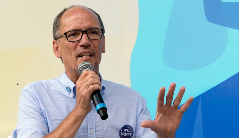 FILE - In this July 21, 2018, file photo, Democratic National Committee Chair Tom Perez speak in New York. Perez is staring ahead at the prospects of a long and potentially divisive presidential primary fight that will define his tenure as Democratic National Committee chairman.