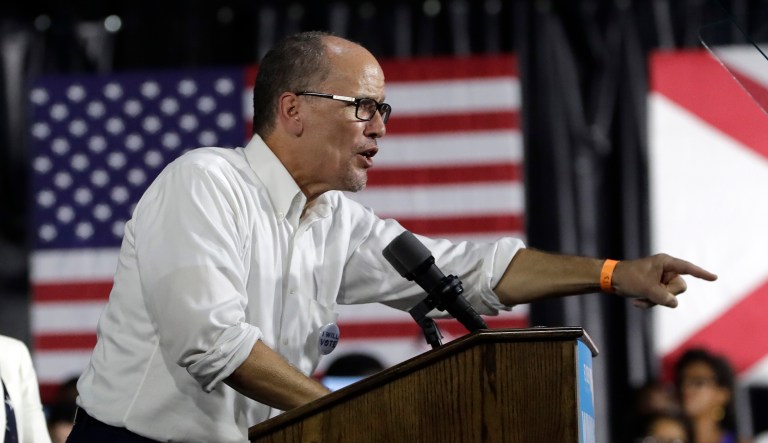 Democratic National Committee Chair Tom Perez speaks during a campaign rally for Democratic candidates, Friday, Nov. 2, 2018, in Miami.