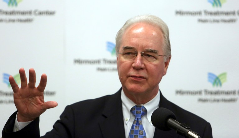 Health and Human Services Secretary Tom Price speaks at the Mirmont Treatment Center Friday Sept. 15, 2017, in Media, Pa. Price and Counselor to the President Kellyanne Conway toured the center for drug and alcohol addiction recovery and discussed the opiod crisis.