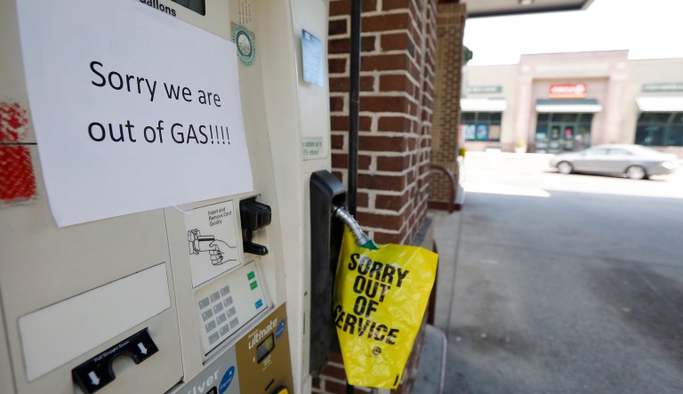 A gas station in Mt. Pleasant, S.C., alerts motorists that it is out of gas due to the heavy demand caused by Hurricane Florence, Sept. 11, 2018.