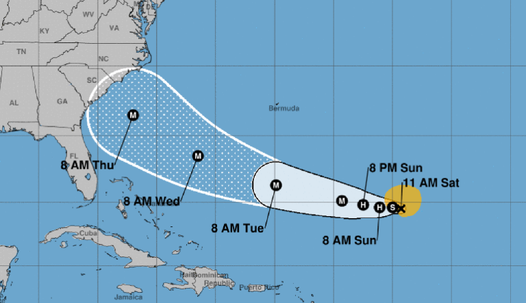 The NOAA image provided on Saturday shows the cone of probability for Tropical Storm Florence's location over the next several days.