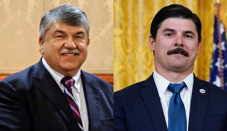 Former AFL-CIO President Richard Trumka (left) and his son, Richard Trumka Jr. (right), are seen.