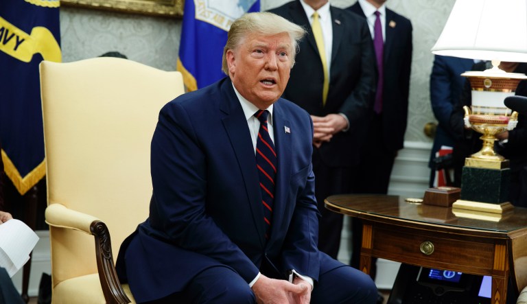 President Donald Trump speaks during a meeting with Italian President Sergio Mattarella in the Oval Office of the White House, Wednesday, Oct. 16, 2019, in Washington.