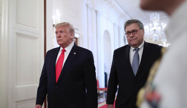 President Donald Trump and Attorney General William Barr, arrive at a Medal of Valor and Heroic Commendations ceremony for six Dayton, Ohio police officers in the East Room of the White House, Monday, Sept. 9, 2019, in Washington, for stopping a mass shooter in August in Dayton.                                                                                                                                                                            