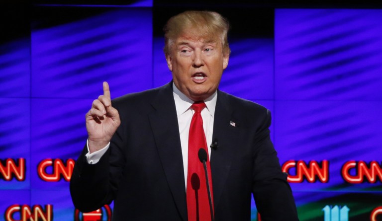 Republican presidential candidate, businessman Donald Trump, speaks during the Republican presidential debate sponsored by CNN, Salem Media Group and the Washington Times at the University of Miami,  Thursday, March 10, 2016, in Coral Gables, Fla.