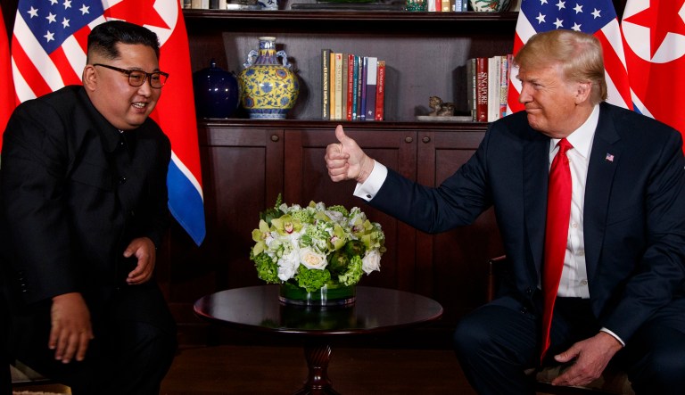 President Donald Trump meets with North Korean leader Kim Jong Un on Sentosa Island, Tuesday, June 12, 2018, in Singapore.