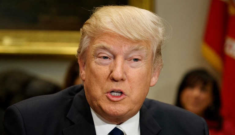 FILE - In this Feb. 14, 2017 file photo, President Donald Trump speaks during a meeting with parents and teachers, in the Roosevelt Room of the White House in Washington