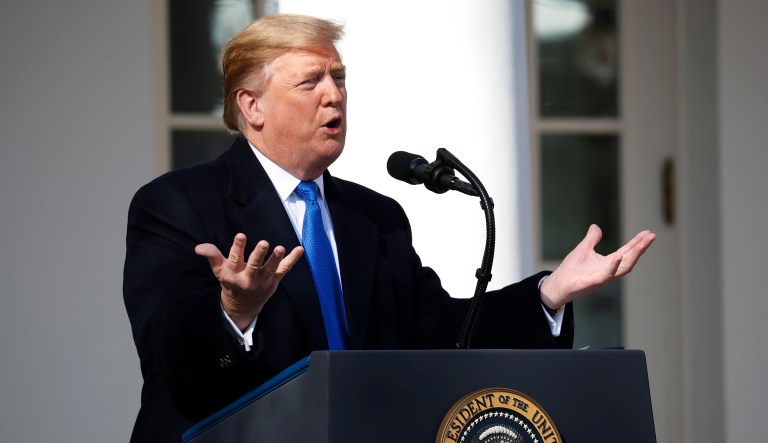 President Donald Trump speaks during an event in the Rose Garden at the White House to declare a national emergency in order to build a wall along the southern border, Friday, Feb. 15, 2019 in Washington.