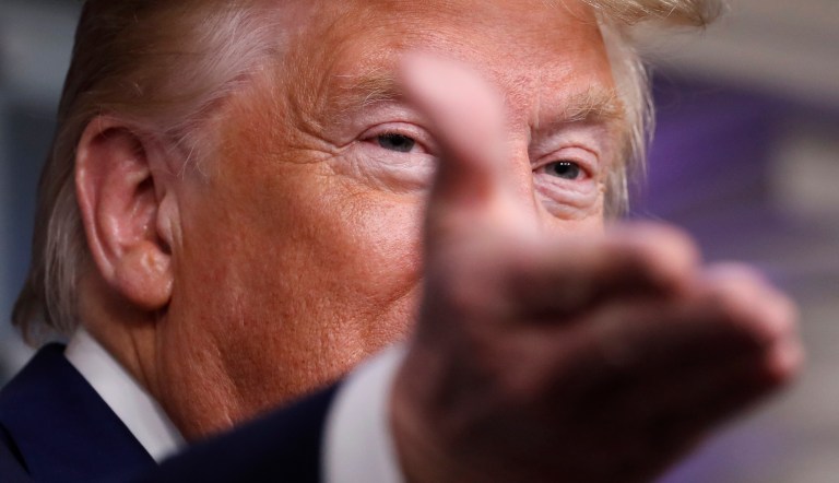 President Donald Trump speaks about the coronavirus in the James Brady Press Briefing Room of the White House, Wednesday, April 8, 2020, in Washington.