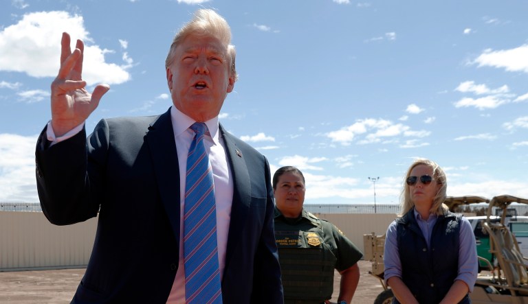 President Donald Trump speaks as he visits a new section of the border wall with Mexico in Calexico, Calif., Friday April 5, 2019.
