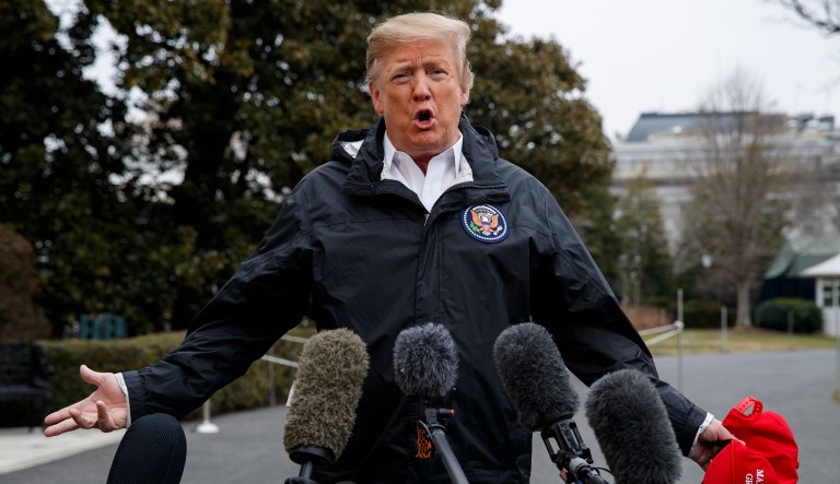 President Donald Trump talks with reporters outside the White House before traveling to Alabama to visit areas affected by the deadly tornadoes, Friday, March 8, 2019, in Washington.