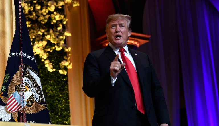 President Donald Trump arrives to speak at the National Republican Congressional Committee's annual spring dinner in Washington, April 2, 2019.