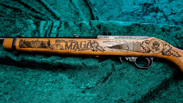 Rifles decorated with images of the president are now part of the 2020 fundraising model. This from Heroes and Patriots Fundraisers is a .22.