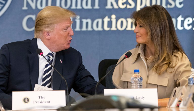 President Donald Trump looks toward first lady Melania Trump at a briefing on this year's hurricane season at the Federal Emergency Management Agency Headquarters, Wednesday, June 6, 2018, in Washington.