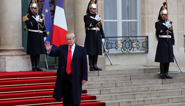 President Donald Trump waves as he arrives at the Elysee Palace in Paris for a lunch after participating in a World War I Commemoration Ceremony, Sunday Nov. 11, 2018. International leaders are taking place in a ceremony in Paris on Sunday to mark the 100th anniversary of the Armistice that ended World War I.