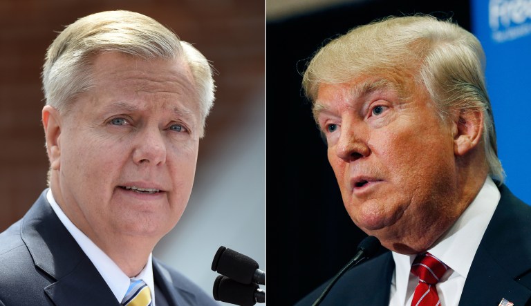 In this combination made from file photos, Republican presidential candidate, U.S. Sen. Lindsey Graham, R-S.C., left, speaks in Central, S.C., and fellow Republican candidate, real estate mogul Donald Trump, speaks in Las Vegas. In response to Trump's recent derogatory comments about Mexican immigrants, Graham says his rival is a "wrecking ball" for the future of the GOP with Hispanic voters, and is calling on the party to push back.