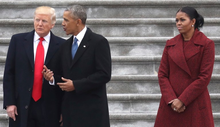 President Trump and former President Barack Obama stand on the steps of the  U.S. Capitol with first lady Melania Trump and former first lady Michelle Obama on Jan. 20, 2017, in Washington, DC.