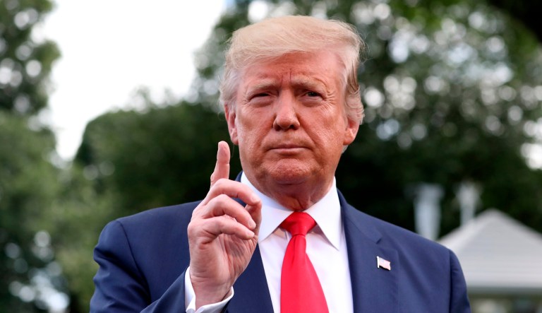 President Donald Trump speaks with the media before boarding Marine One on the South Lawn of the White House, Tuesday, June 18, 2019, in Washington. Trump is en route to Orlando, Fla., to announce his bid for re-election.