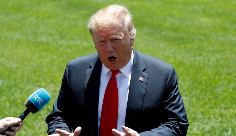 President Donald Trump speaks to members of the media on the South Lawn of the White House in Washington, Friday, May 24, 2019, before boarding Marine One for a short trip to Andrews Air Force Base, Md., and then on to Tokyo.