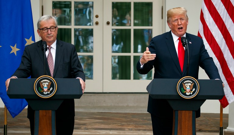 President Donald Trump and European Commission president Jean-Claude Juncker speak in the Rose Garden of the White House, Wednesday, July 25, 2018, in Washington.