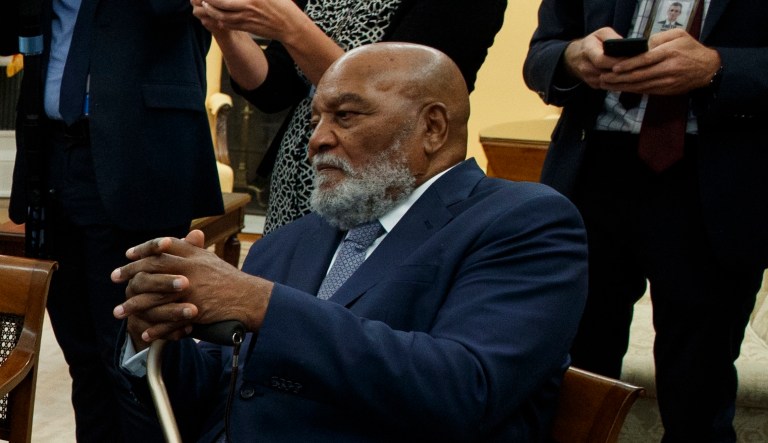 President Trump meets with former football player Jim Brown in the Oval Office of the White House, Thursday, Oct. 11, 2018, in Washington.