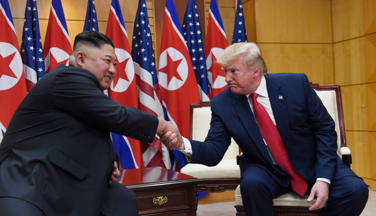 President Donald Trump meets with North Korean leader Kim Jong Un at the border village of Panmunjom in the Demilitarized Zone, South Korea, Sunday, June 30, 2019.