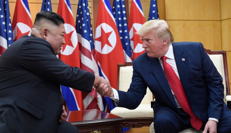 President Donald Trump meets with North Korean leader Kim Jong Un at the border village of Panmunjom in the Demilitarized Zone, South Korea, Sunday, June 30, 2019.
